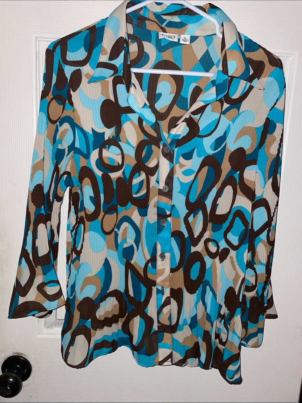Cato Blue Tan Brown Abstract Button-Down Shirt